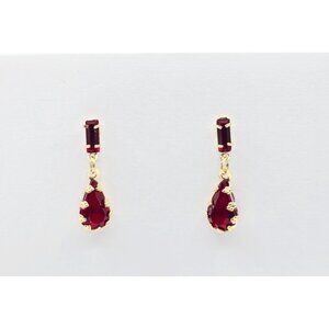 Beautiful 14K Solid Yellow Gold Dangle Drop Hanging Red Crystal Stud Earrings